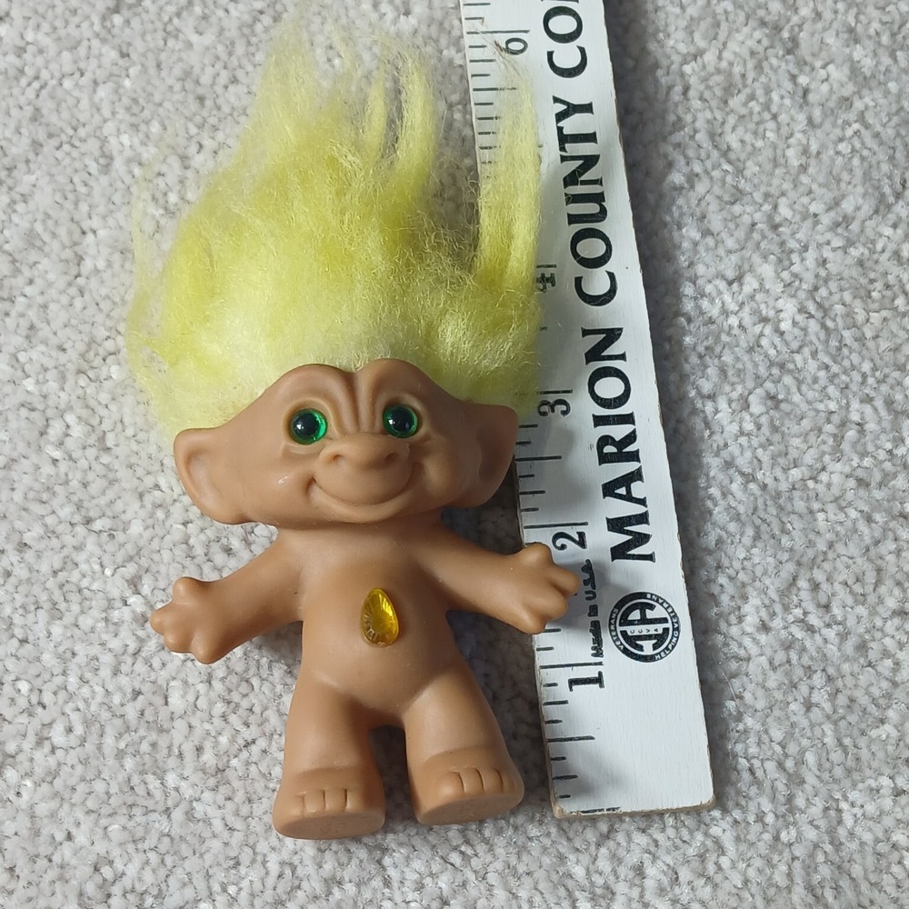 ACE Novelty Vintage 3" Troll With Yellow Hair & Belly Jewel & Green Eyes